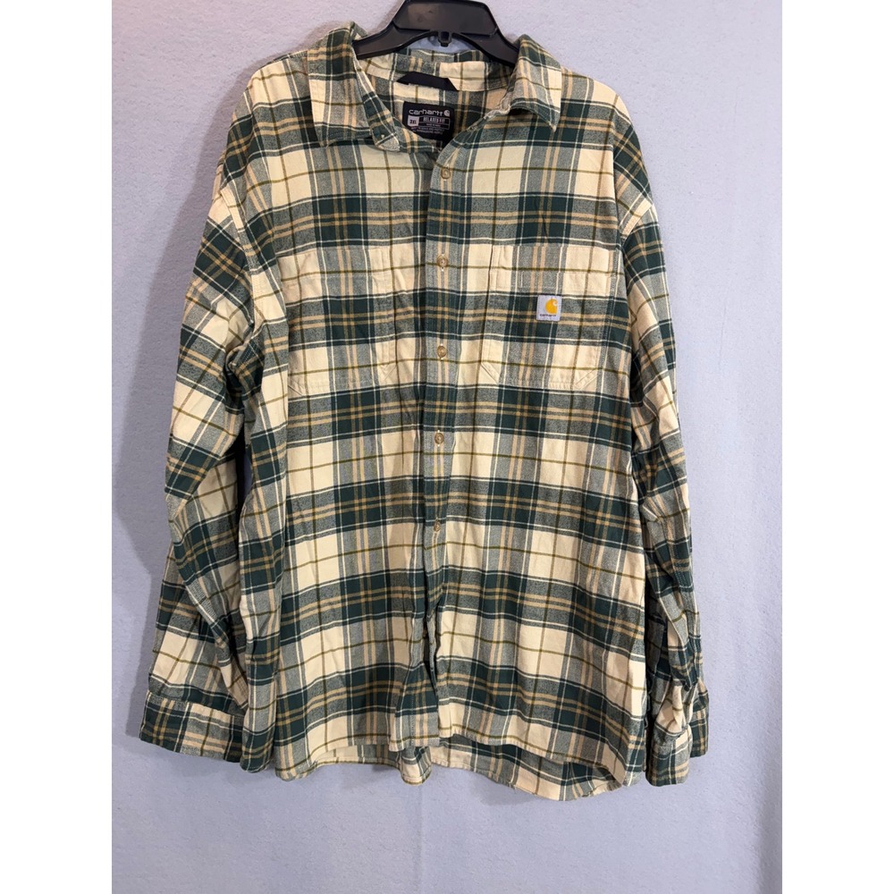 Carhartt Mens 3XL Relaxed Fit Plaid Flannel Button Down Shirt Green Tan Workwear